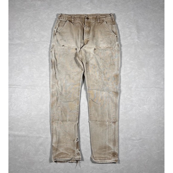 Vintage Carhartt Double Knee Pants Size 34x32 Tan Thrashed Made In USA Carpenter